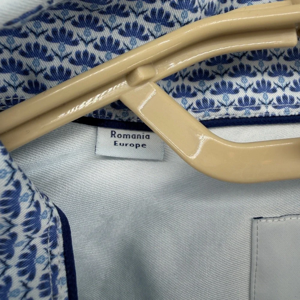 Eton Contemporary Fit Blue Marbled Cotton Dress Shirt Mens 17.5 44 Button Down